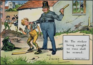 （32）ストライカーが捕まった場合、1910年に発表された「Laws of Cricket」から、ランは記録されません。 作： Charles Crombie